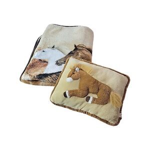 Blanket Horses Equestrian Brown Tan Fleece 2 Sided Throw‎ 70X48 With Pony Pillow